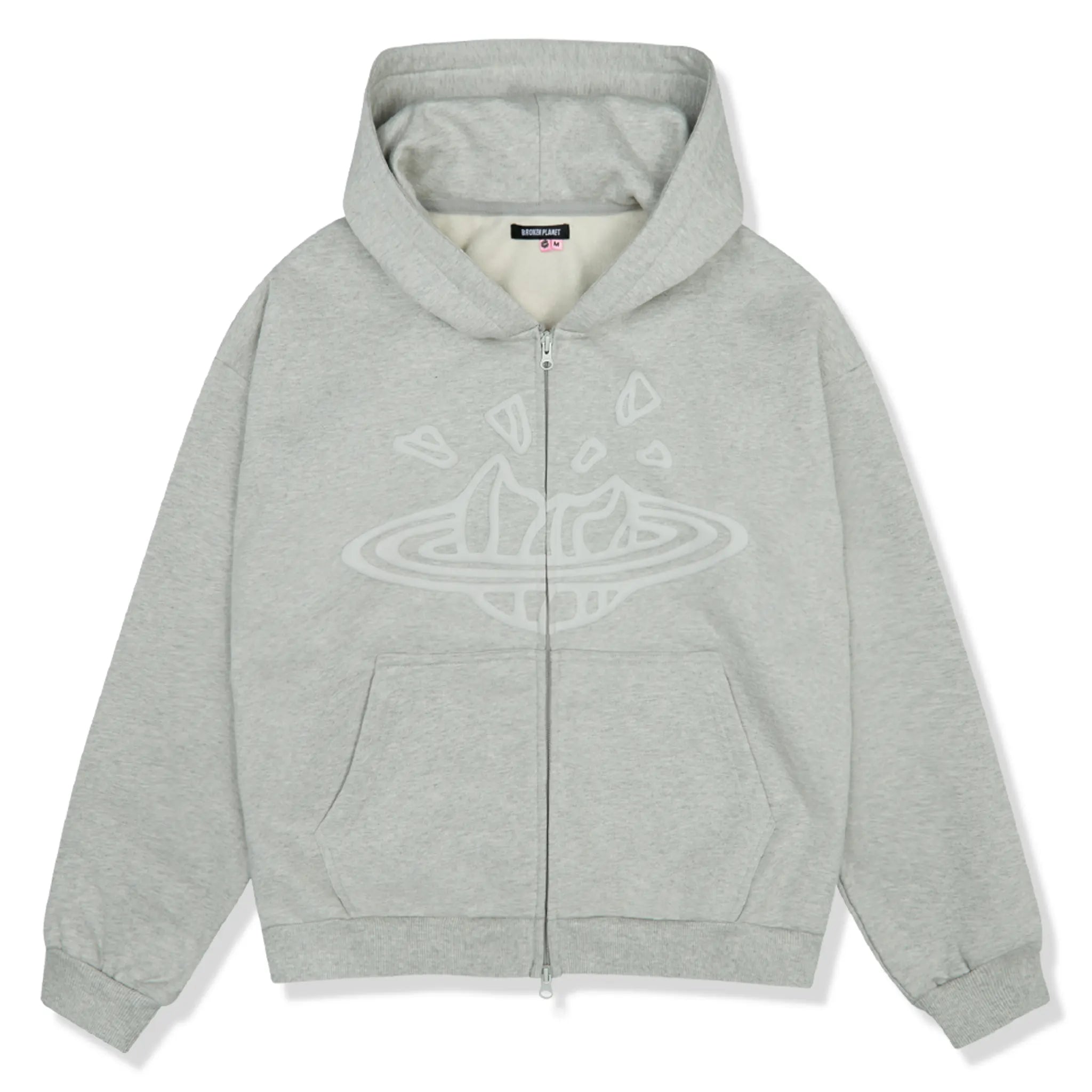 Front view of Broken Planet Ash Heather Grey Zip-Up Hoodie